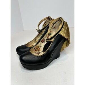 Miss L Fire / Anthropologie‎ Black Leather ANKLESTRAP Wedges Gold ANGEL WINGS 36